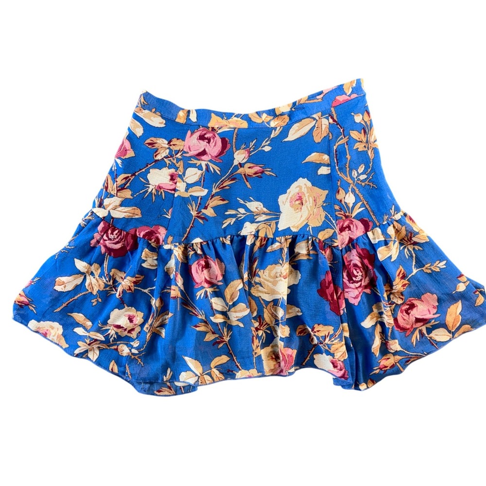 Cottagecore Coquette Urban Outfitters Blue Floral Ruffle Mini Skirt Side Zipper